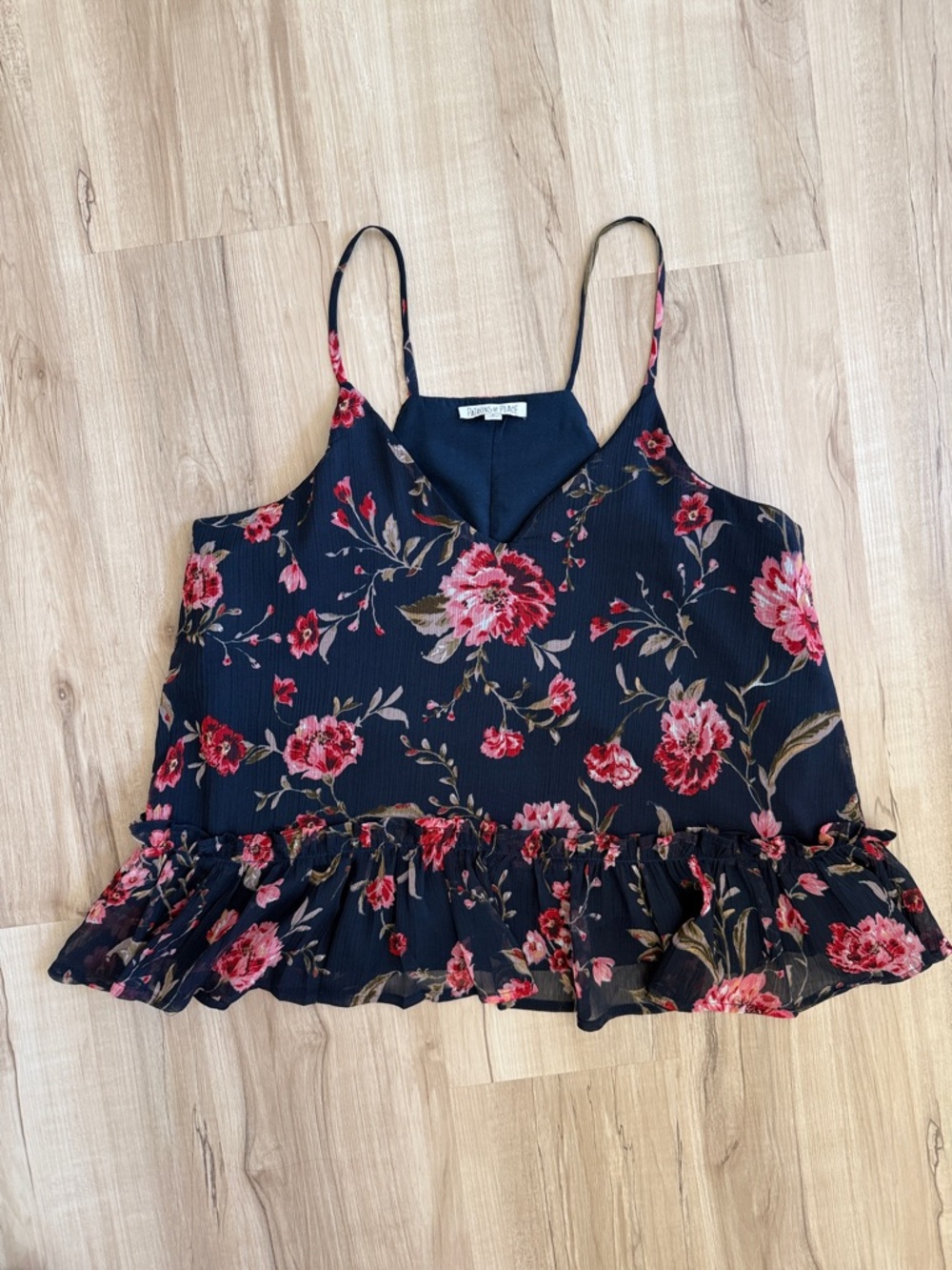 Patrons of Peacfe Floral Ruffle Hem Camisole Top - Navy with Pink Floral
